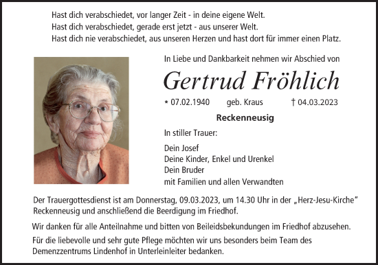 Anzeige von Gertrud Fröhlich von MGO