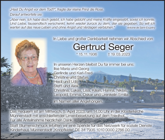 Anzeige von Gertrud Seger von MGO