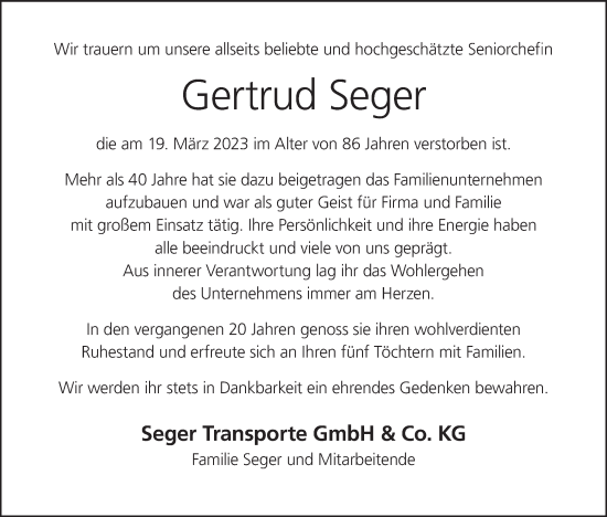 Anzeige von Gertrud Seger von MGO
