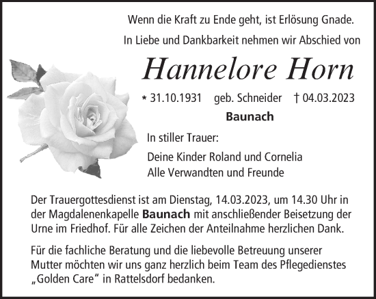 Anzeige von Hannelore Horn von MGO