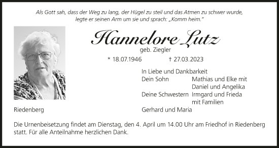 Anzeige von Hannelore Lutz von MGO