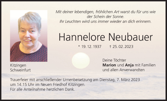 Anzeige von Hannelore Neubauer von MGO