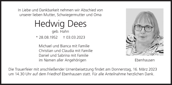 Anzeige von Hedwig Dees von MGO