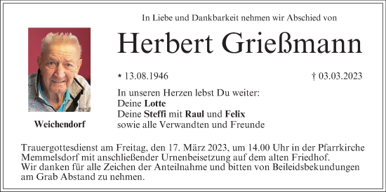 Anzeige von Herbert Grießmann von MGO