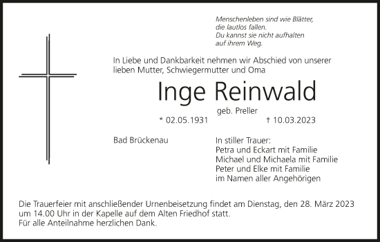 Anzeige von Inge Reinwald von MGO