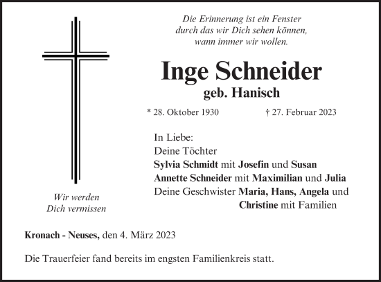Anzeige von Inge Schneider von MGO