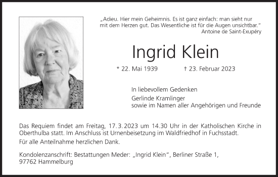 Anzeige von Ingrid Klein von MGO