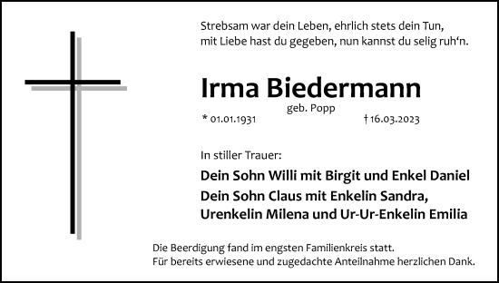 Anzeige von Irma Biedermann von MGO