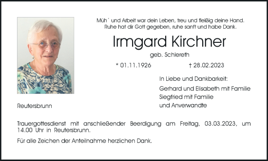 Anzeige von Irmgard Kirchner von MGO