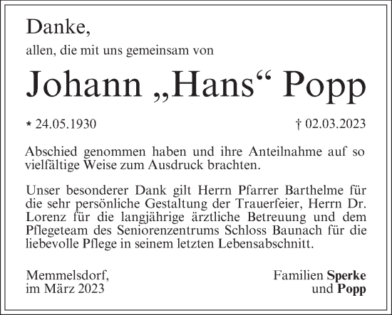 Anzeige von Johann Popp von MGO