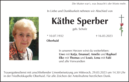 Anzeige von Käthe Sperber von MGO