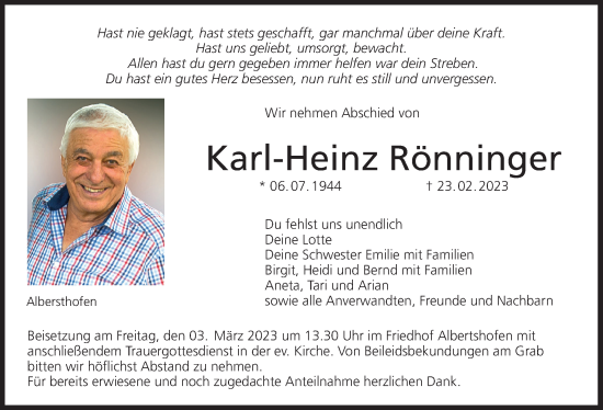 Anzeige von Karl-Heinz Rönninger von MGO