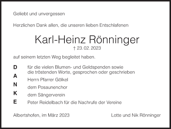 Anzeige von Karl-Heinz Rönninger von MGO
