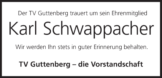 Anzeige von Karl Schwappacher von MGO