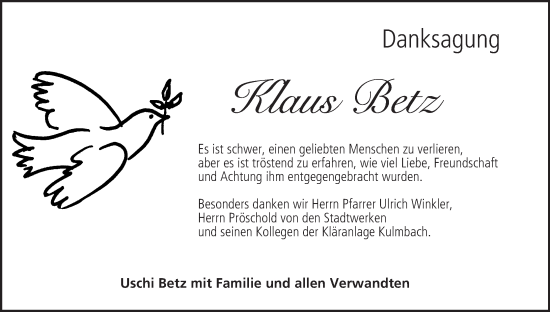 Anzeige von Klaus Betz von MGO
