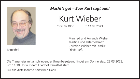Anzeige von Kurt Wieber von MGO