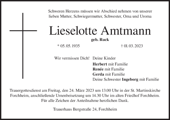 Anzeige von Lieselotte Amtmann von MGO