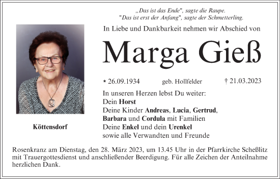 Anzeige von Marga Gieß von MGO
