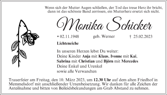 Anzeige von Monika Schicker von MGO