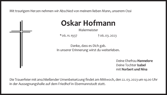 Anzeige von Oskar Hofmann von MGO