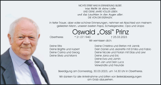 Anzeige von Oswald Prinz von MGO