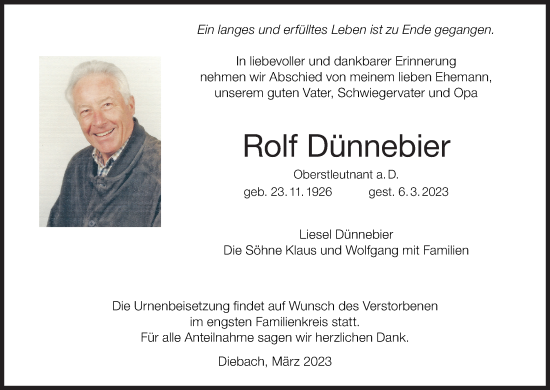 Anzeige von Rolf Dünnebier von MGO