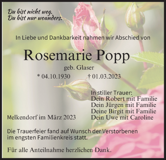 Anzeige von Rosemarie Popp von MGO