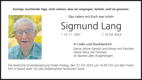 Anzeige von Sigmund Lang von MGO
