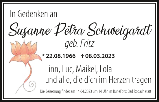 Anzeige von Susanne Petra Schweigardt von MGO