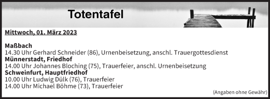 Anzeige von Totentafel vom 01.03.2023 von MGO
