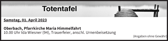 Anzeige von Totentafel vom 01.04.2023 von MGO
