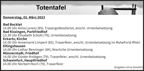 Anzeige von Totentafel vom 02.03.2023 von MGO