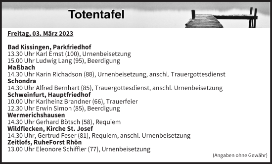 Anzeige von Totentafel vom 03.03.2023 von MGO