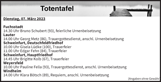Anzeige von Totentafel vom 07.03.2023 von MGO