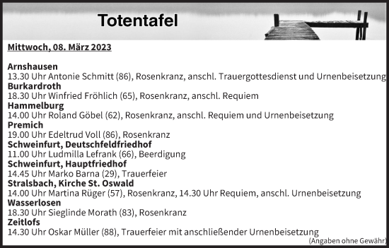 Anzeige von Totentafel vom 08.03.2023 von MGO