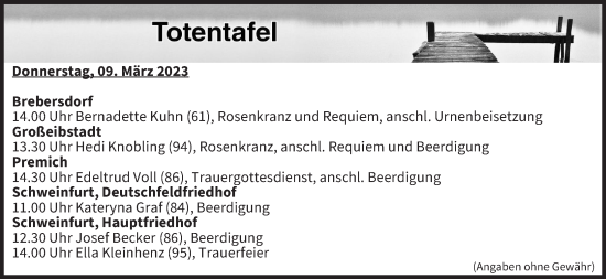 Anzeige von Totentafel vom 09.03.2023 von MGO