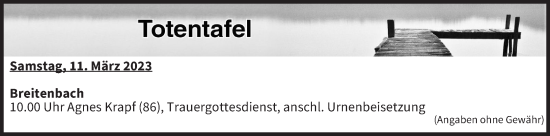 Anzeige von Totentafel vom 11.03.2023 von MGO