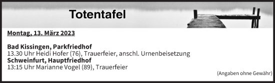Anzeige von Totentafel vom 13.03.2023 von MGO