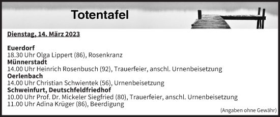 Anzeige von Totentafel vom 14.03.2023 von MGO