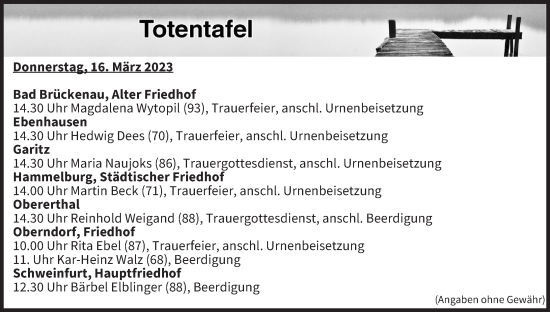 Anzeige von Totentafel vom 16.03.2023 von MGO