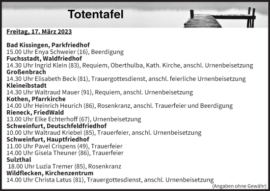 Anzeige von Totentafel vom 17.03.2023 von MGO