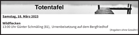 Anzeige von Totentafel vom 18.03.2023 von MGO