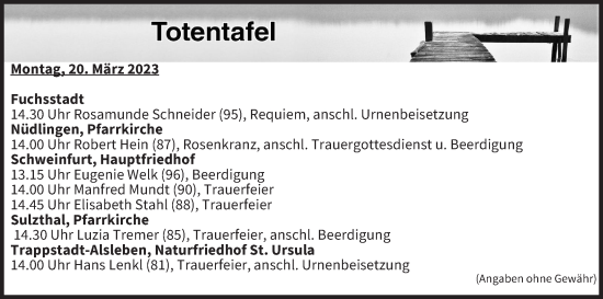 Anzeige von Totentafel vom 20.03.2023 von MGO