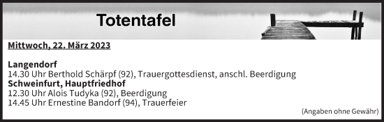 Anzeige von Totentafel vom 22.03.2023 von MGO