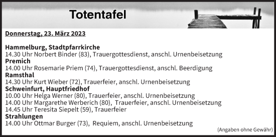 Anzeige von Totentafel vom 23.03.2023 von MGO