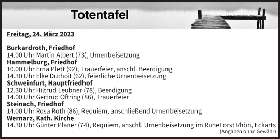 Anzeige von Totentafel vom 24.03.2023 von MGO