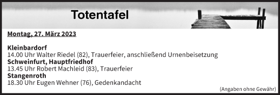 Anzeige von Totentafel vom 27.03.2023 von MGO