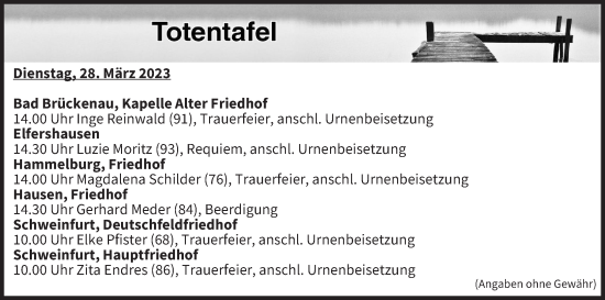 Anzeige von Totentafel vom 28.03.2023 von MGO
