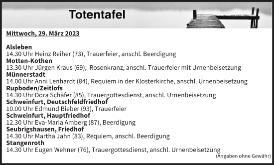 Anzeige von Totentafel vom 29.03.2023 von MGO