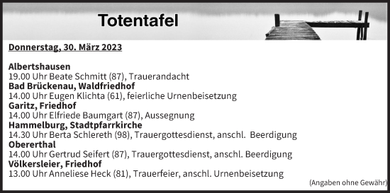 Anzeige von Totentafel vom 30.03.2023 von MGO